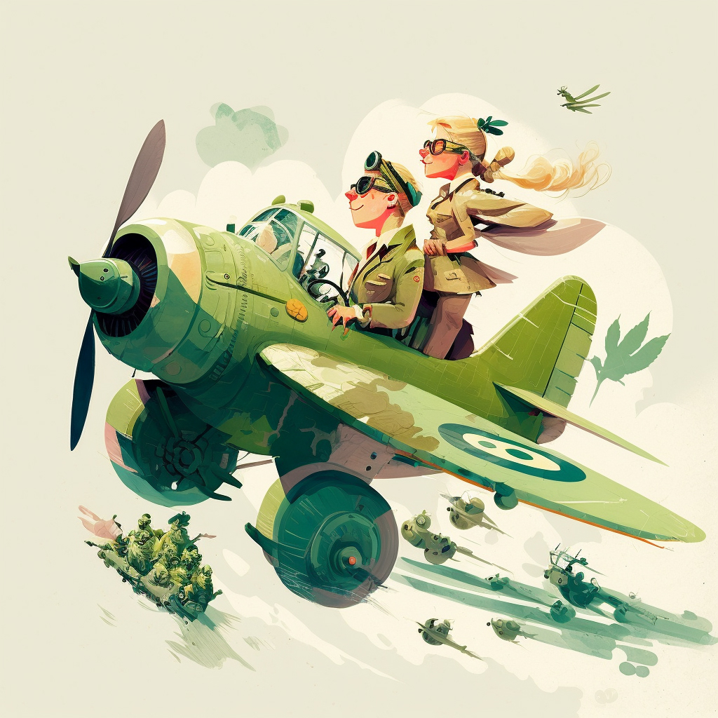 Ilustración de una avioneta verde con un piloto y una copiloto, con elementos de naturaleza volando. Sirve para ilustrar las sesiones de acompañamiento y consultoría para líderes de proyecto.