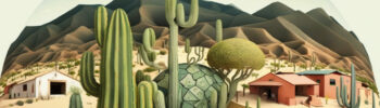 Imagen hecha con inteligencia artificial. Aparece un pueblo entre montañas en el desierto con cactus. Las comunidades locales ante los límites planetarios.