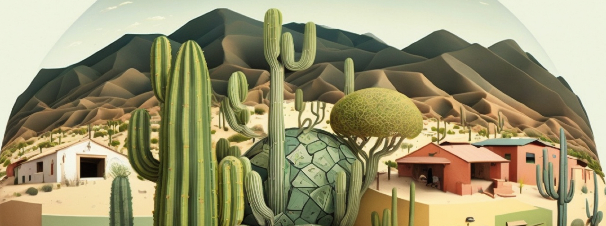 Imagen hecha con inteligencia artificial. Aparece un pueblo entre montañas en el desierto con cactus. Las comunidades locales ante los límites planetarios.